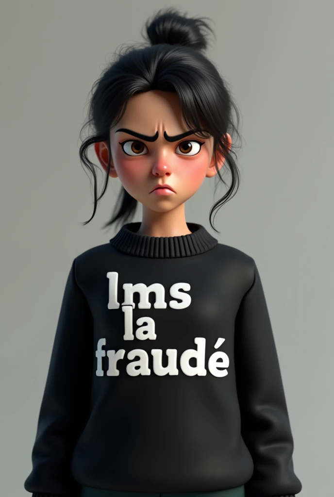 Young french girl angry with a black sweater with “LMS la fraude” written on the white sweater, 3D rendering 