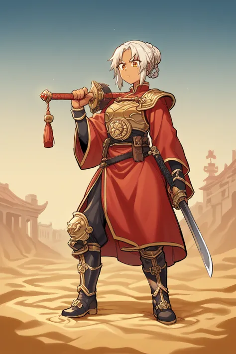 score_9, score_8_up, score_7_up, score_6_up, score_5_up, score_4_up,

 source_anime, Chinese style, ancient battlefield, an ancient Chinese female general, holding a sword in her hand, grim expression,  facial features, 


red robe, armor, boots, yellow sa...