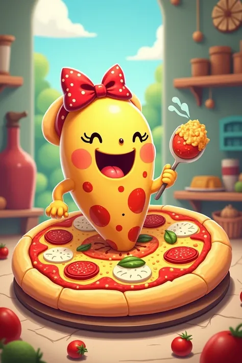 Crie uma imagem de pizza em Cartoon, no people on the scene  