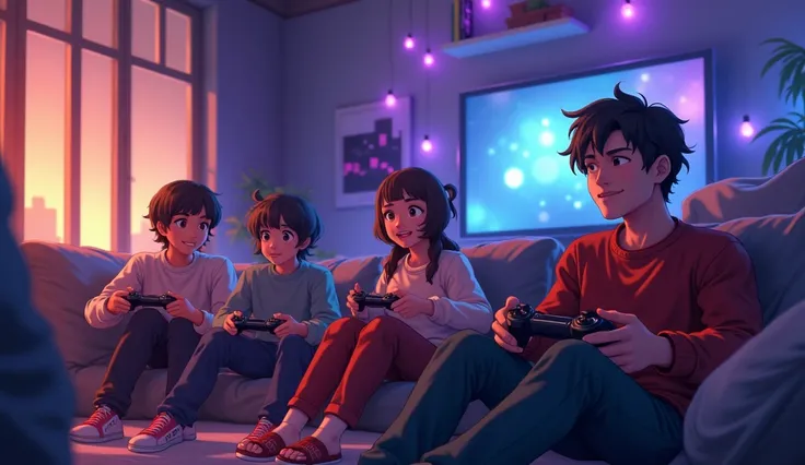 anime style background,beautiful background,artwork,4k,vivid colors,cheerful colors,beautiful colors,small group of friends, people of all ages, people of all genders, playing video games, competing in a video game, playing in a house, playing in a gamer r...