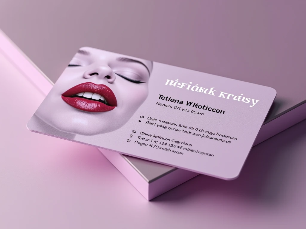  business card mockup for a beautician , business card size - 90x50mm ,  business card for a permanent makeup artist, in soft purple tones , must-have business card images of womens sexy plump lips with red lipstick and black expressive eyebrows,  and, of ...