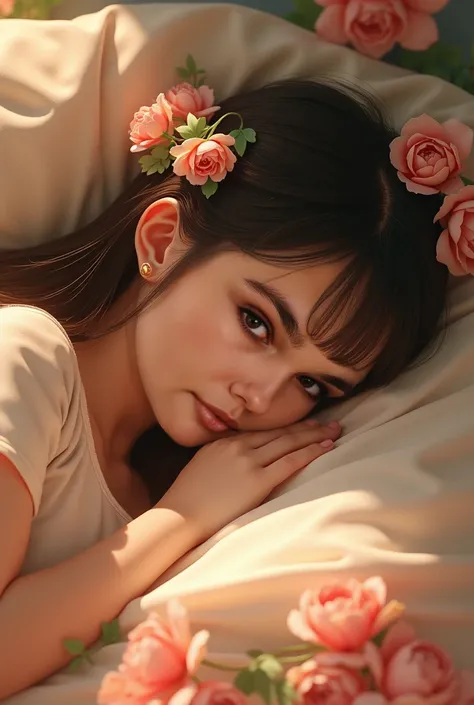 a sleeping girl, peaceful expression, long eyelashes, soft skin, detailed facial features, delicate hands, serene pose, gentle lighting, warm color palette, dreamlike atmosphere, detailed fabric textures, lush floral background, high quality, detailed pain...