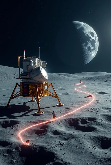 A stunning visual of the Lunar Module on the moon’s surface, with a glowing dotted line connecting it back to Earth in the distance. Include faint images of the NASA team and rockets within the dotted path.
Text Overlay: "From Earth’s heart to the moon’s s...