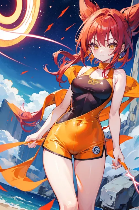 dragon ball, cute saiyan girl, little young, crimson hair, yellow eyes, , smile, electricity, aura, energy, focus on face, saiyan combat outfit: its like a body or swimsuit one piece that cover up to mid-thigh like tigh shorts