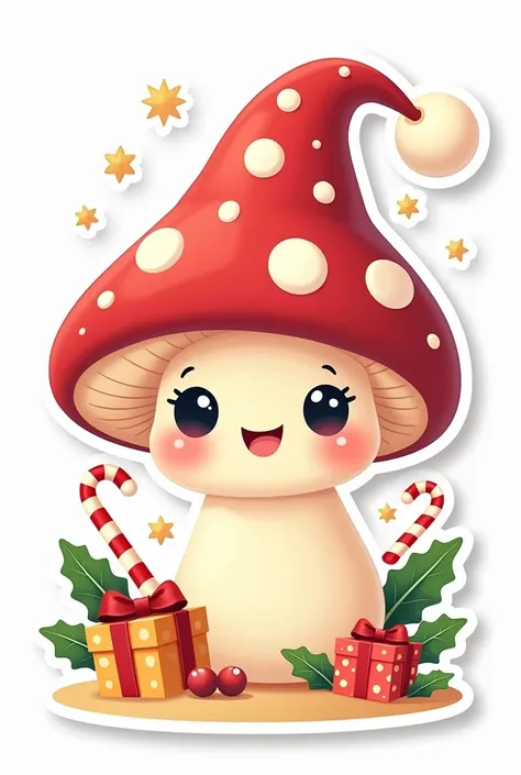 Create a kawaii Christmas mushroom character, featuring a cute and happy mushroom with big sparkling eyes, wearing a Santa hat, surrounded by small festive details like snowflakes, candy canes, and holiday lights. The design should include vibrant colors, ...