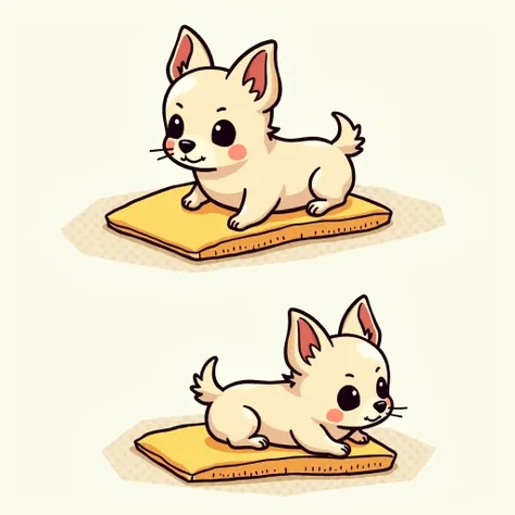 Chibi Style, dot halftone ,  drawn with crayons, Flat Color ,Two-panel comic strip,    long coat Chihuahua on a wedge training cushion、The color of the chihuahua is cream 、Chihuahuas は伏せをしています