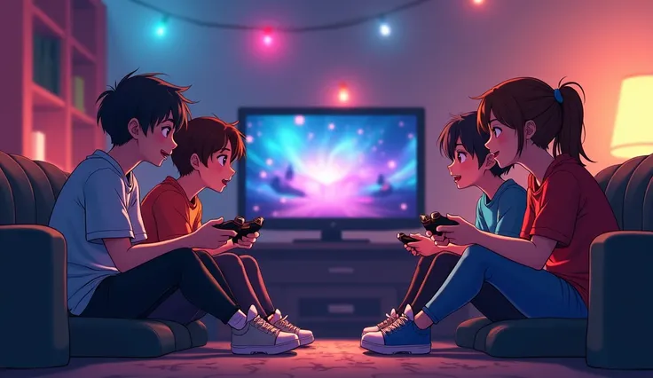 anime style background,beautiful background,artwork,4k,vivid colors,cheerful colors,beautiful colors,small group of friends, people of all ages, people of all genders, playing video games, very happy, playing chill, playing in a house, playing in a gamer r...