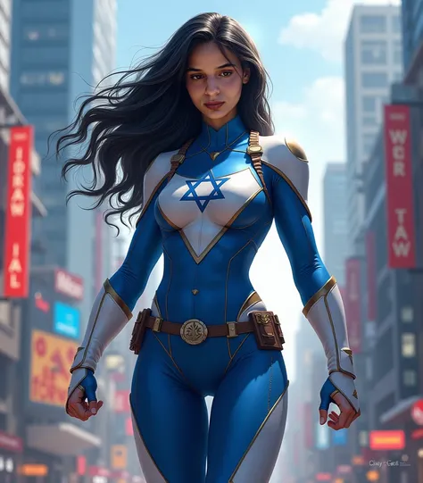 superhero captain Israel, young woman black hair brown eyes