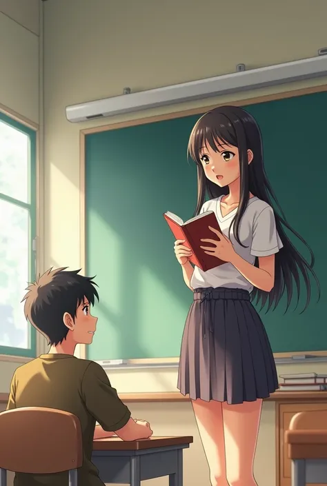 a picture in anime style of a very tall adult asian student inside a classroom, she is very tall, she is huge, she is talking to a shorter boy. She is holding a book, she is a little emarassed.