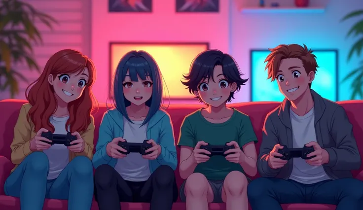 anime style background,beautiful background,artwork,4k,vivid colors,cheerful colors,beautiful colors,small group of friends, people of all ages, people of all genders, playing video games, very happy, playing chill, chill atmosphere, playing in a house, pl...