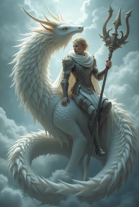 a swordsman carrying a trident weapon is sitting wrapped around a white dragon 