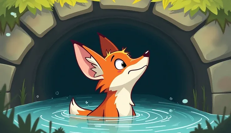 A cartoon fox half body drown(in water)  in a very deep well ( rounded ) looking up sky for help 