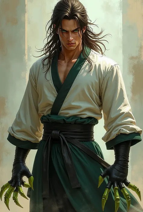  light green eyes ,  brown hair clenched, Martial arts, green long paw , man, Handsome, gloves, Cynical , Long hair