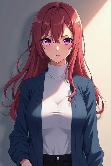 Mature anime woman, red-ish light brown hair, framed right-side bangs, slicked to the side left-side bangs, waist length hair, bright violet sharp eyes, wears white turtleneck inner, blue cardigan outers, black jeans, serious face, mild thick lips.