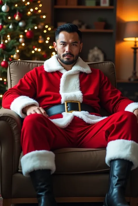 (  handsome Asian man in a Santa Claus costume ), (whole body),  wearing a Santa Claus costume 
,cozy home ,(((musler ))),((( hairy body ))) Im sitting in a chair ,(( muscular lower body ))