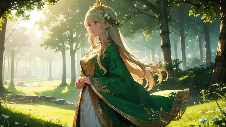  (Super detailed illustrations :1.2), very delicate and beautiful，Very detailed，A stunning close-up of a beautiful girl standing on a vast emerald-green meadow, surrounded by glowing magical particles and faintly visible ethereal spirits. The background fe...