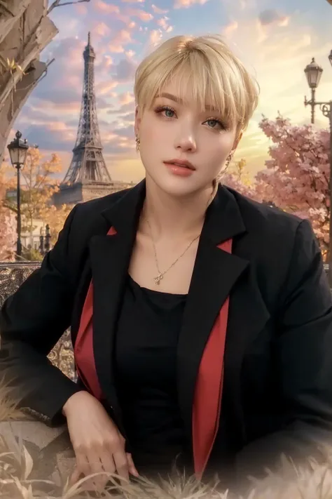 blonde woman with short hair, in a black jacket,  photographic photography,  Top quality ,  Detailed hair , masterpiece