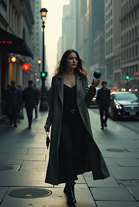 A woman walking down the pavement with a mysterious dark pendent in her hand