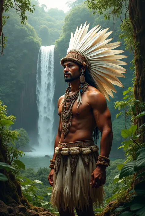  An indigenous Brazilian man wearing a white headdress and traditional costume, Made of feathers and natural fabrics white. In the background,   a dense and vibrant forest extends  ,   with tall trees and lush foliage  .  waterfall, bringing life to the sc...