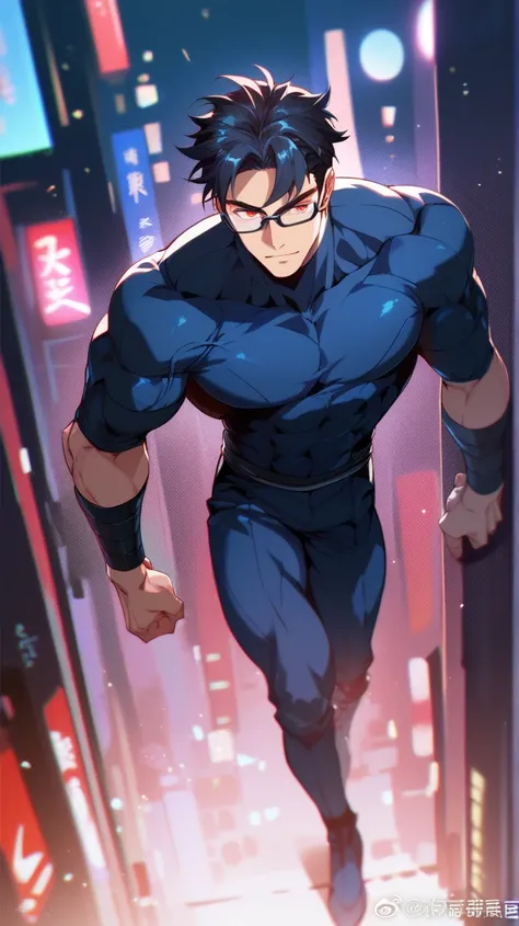 masculine man, tall height , strong manly muscle ,long muscular legs , tight-fitting ninja style, very tight, short black hair combed back , Red eyes , square glasses, 24 years old night, walking in city  