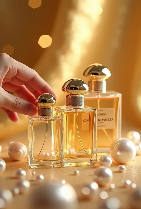 Perfume bottles with a hand full of pearls touching them and shimmering gold background