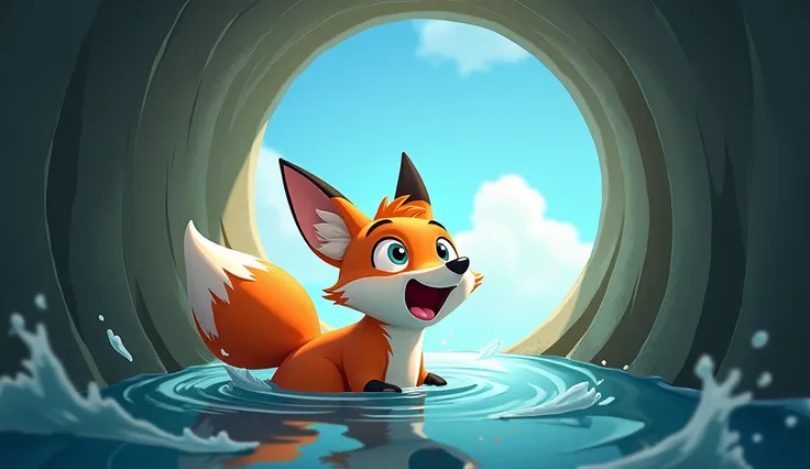 A cartoon fox half body drown(in water)  in a very deep down in well ( rounded ) looking up sky for help 