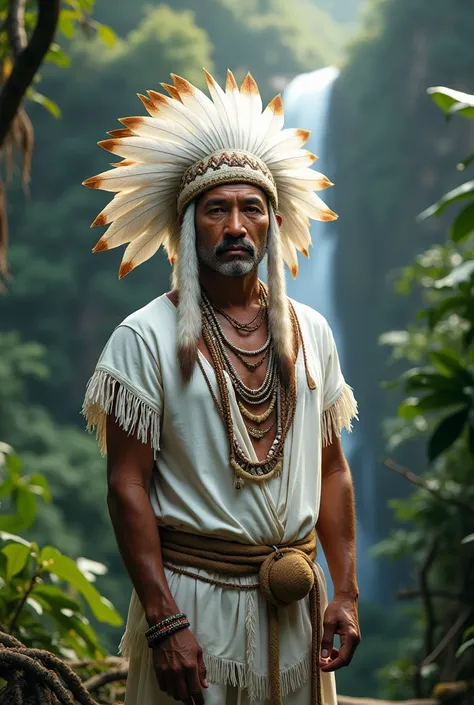  An indigenous Brazilian man without a beard , around 40 years ,  wearing a white headdress and traditional attire ,  Made from feathers and natural white fabrics . In the background,    a dense and vibrant forest extends   ,    with tall trees and lush fo...