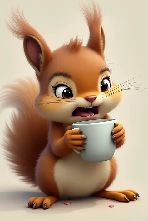 A squirrel is anxiously holding a cup and nursing