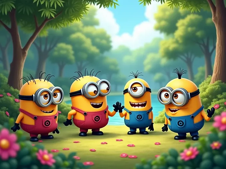 red blue color minions in a park