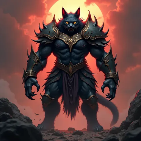 A humanoid demon cat ,  in dark war armor