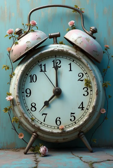 A close-up, surreal portrait of a forgotten clock with chipped, tarnished surfaces painted in shades of pale white and mauve, suggesting aging. The clocks hands are frozen in time with a delicate vine coiling around its face, set against an abstract, Blue ...