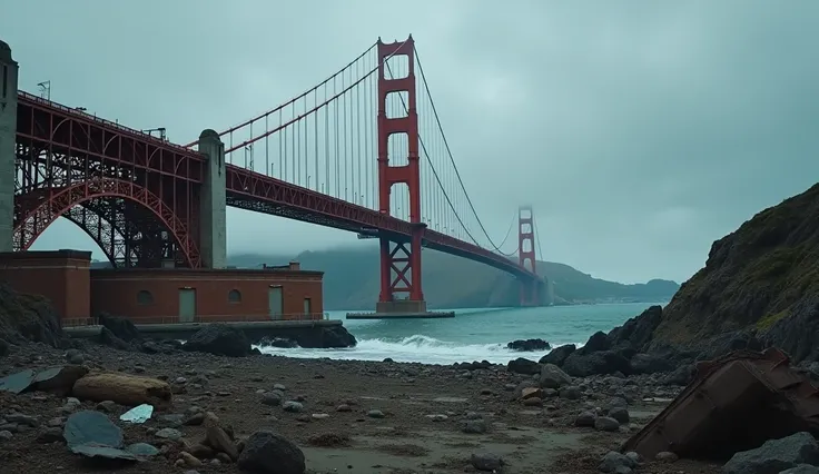 Create the most professional and realistic portraits including light, color, texture, atmosphere and face in high definition UHD. The Golden Gate Bridge in San Francisco after the disaster. The iconic orange-red structure stands amidst debris, wrecked cars...