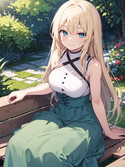  1 girl, solo, Blonde,  long hair, Straight Hair, Beautiful breasts, medium chest , sleeveless, High Waist Skirt, long skirt, blue eyes, Droopy eyes,  smiles, closes her mouth,  Seductive Smile , is sitting on a bench, high definition ,  simple background,...