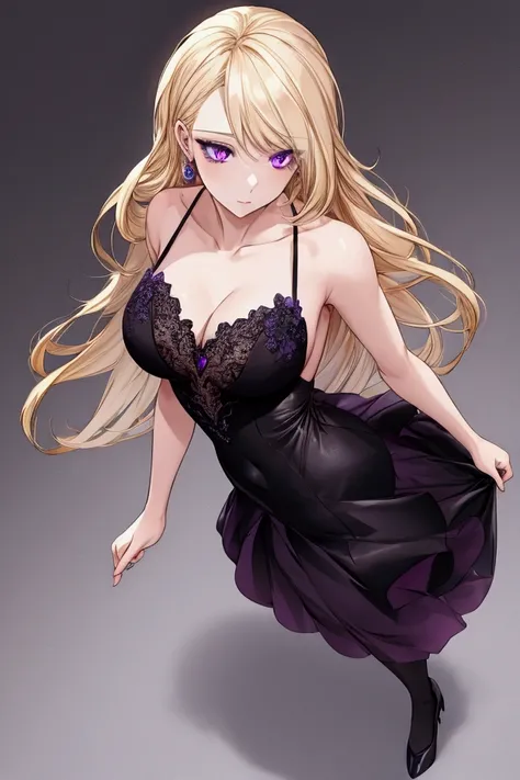 Woman , Blonde hair , purple eyes , elegant  , black short dress  , full body