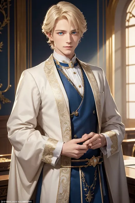 a man of regal, almost fairy-tale beauty, with delicate features, a fine, elegant body, blond hair and deep blue eyes, commoners clothes, tender smile