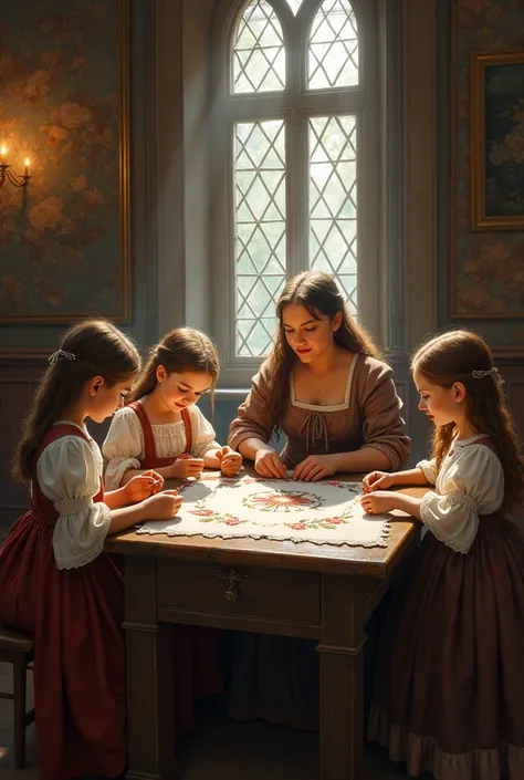 A realistic picture of a room with three european ren sitting around a table embroidering and a grandmother helping them learn.