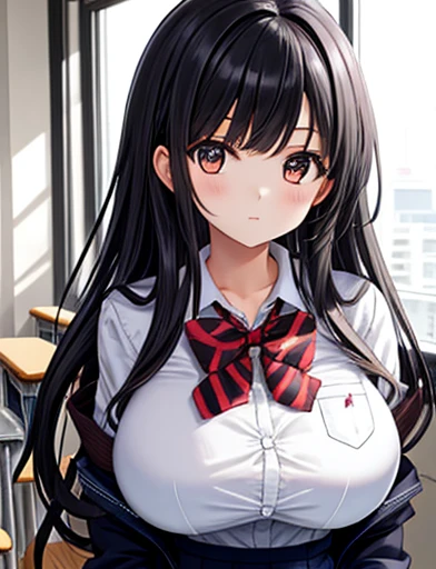   Masterpiece ,  1 girl, Shina Mahiru,  school uniform, big breasts、 black hair long hair, big breasts、