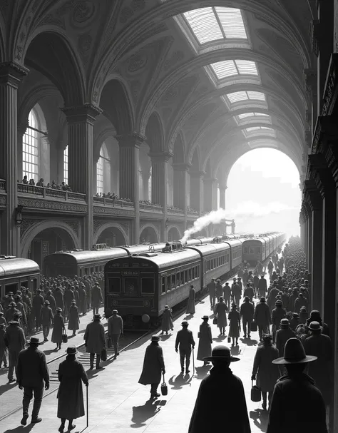 Giovanni Battista Piranesi art, busy train station platform, crowds of passengers, trains arriving and departing, high ceilings, architectural details, busy atmosphere. Engraving print