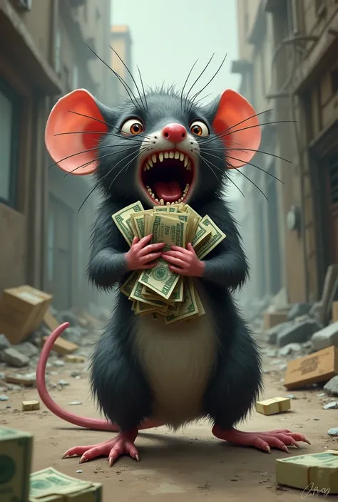 Screaming rat with money in its hands