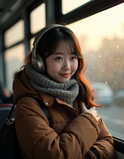 (( Top Quality, Realistic lighting, 1:3)), seoul, bus,  real photo ,  realistic, model, Korean pretty girl,  beautiful eyes, Winter Clothing,  realistic 눈동자, Dazzling backlight , Passenger , lass, Glamour,  Looking at the viewer , A gentle smile, faith,  h...