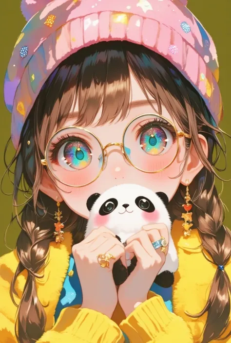 Close-up of a person holding a cute, fluffy panda toy with both hands, covering her lips partially. Her cheeks are slightly blushed, giving her a shy and adorable expression. She wears a hat with pink sequins and shiny round colored glasses. She wears a fu...