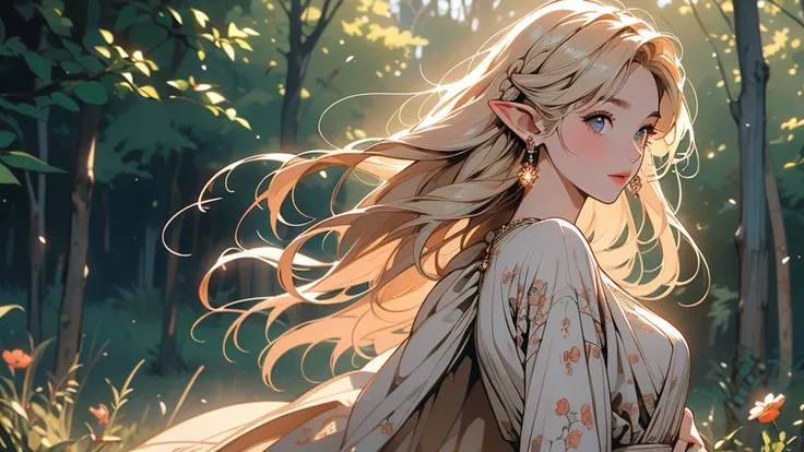 An elegant elf girl standing on the grassland, 夕陽の柔らかな光に照らされた繊細なface. Her long, Hair flowing down your back ,  adorned with intricate braids 、Adorned with sparkling jewels. This wonderful photo、、、 can be seen in the intricate patterns and subtle highlights...