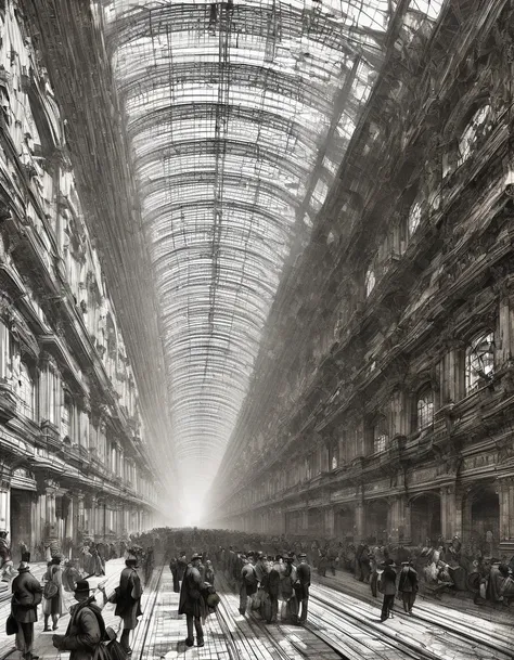 Giovanni Battista Piranesi art, busy train station platform, crowds of passengers, trains arriving and departing, high ceilings, architectural details, busy atmosphere. Engraving print