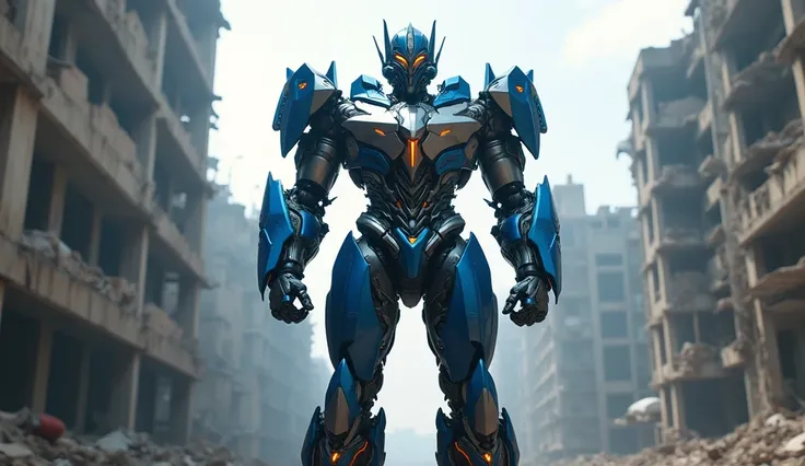 Kamen Rider, amerika, blue silver, transformers style, in broken city, foto full body