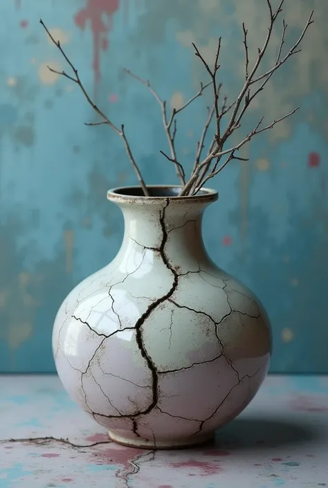 A close-up, surreal portrait of a cracked vase with chipped ceramic surfaces painted in shades of pale white and lilac, suggesting age. The vases empty interior is dark and hollow with a fragile vine twining around its neck, set against an abstract, blue c...