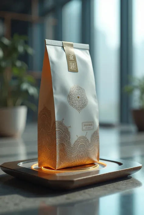 A tea bag design that combines traditional Mongolian tea bags with futuristic technology. The bag has a modern minimalist and technological feel while retaining elements of Mongolian culture. The image is created based on the detailed description below