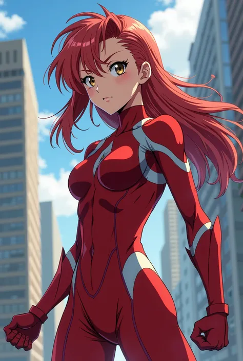  My Hero Academia style ,   anime girl , woman, young woman ,  full body shot ,( Fighting Stance :1.3),Long Hair, Red Hair,   Brown Eyes , hero suit, Full Body Suit,  red suit with white details, perfect anatomy,  enhanced abs , super detailed,(building:1....