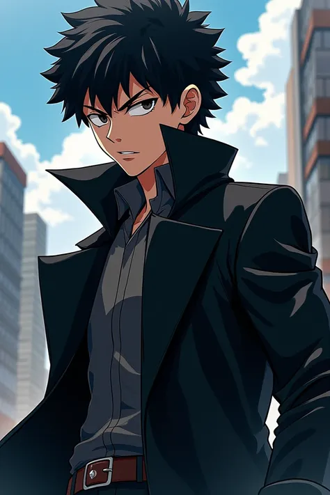 32-year-old boy with thick black hair and black coat, serious attitude in the style of My Hero Academia 