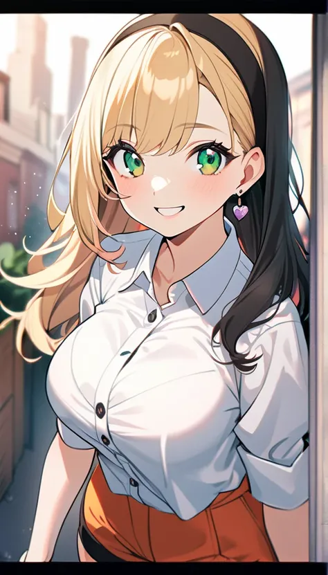 1girl,cute, beautiful,Green Eyes,Blonde hair, short shorts, happy, smileearrings, jewelry, , white shirt, dress shirt,pastel, 8k,perfect anime girl, anime style,Big breasts(d),  character side,The whole face turns red,  in the eyes, Black hair band, 