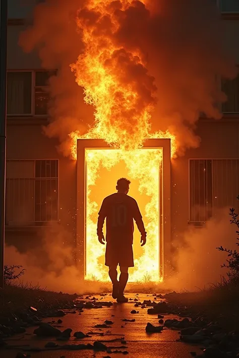 Flames Engulfing the Front Door: A view from the outside showing Messi approaching the front door, flames and smoke blocking the entrance, with debris scattered around.